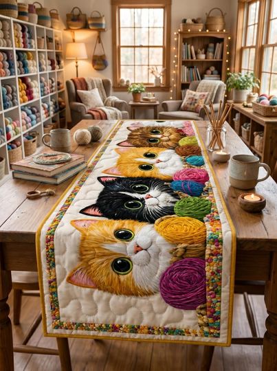 Cute Cat Quilted Table Runner, Artistic Patchwork Design, Elegant Table Decor for Kitchen, Cat Lover Gift, Handmade Quilt Style Table Runner