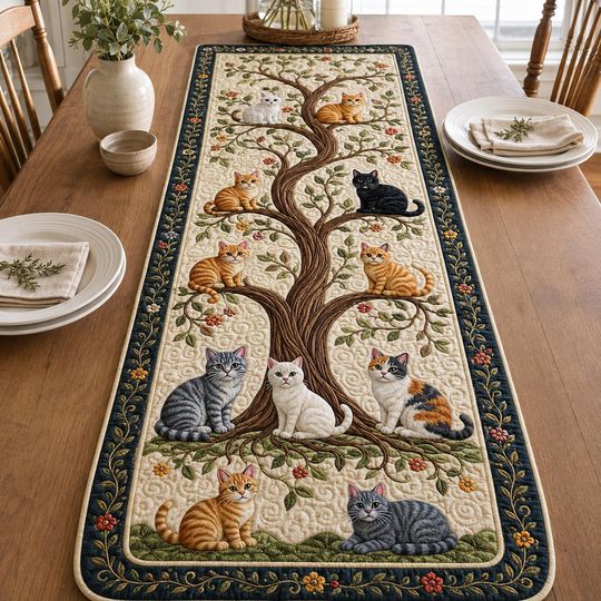 Quilted Cat Tree of Life Table Runner, Feline Family Decor, Botanical Home Art
