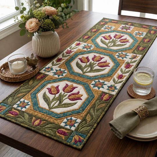 Tulip Patchwork Quilted Table Runner, Quilted Floral Dining Decor, Vintage Spring Farmhouse Kitchen Accent
