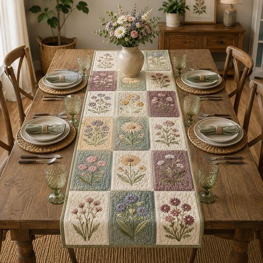 Quilted Floral Table Runner, Cottagecore Farmhouse Table Decor, Wildflower Patchwork Runner, Rustic Dining Table Topper