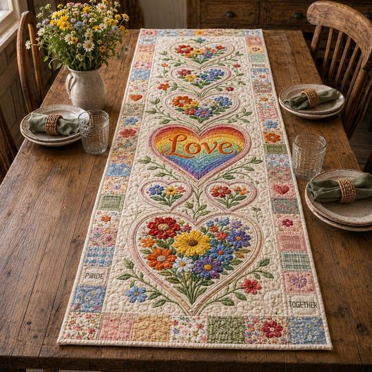 Rainbow Heart Quilted Table Runner, Floral Love Cottagecore Decor