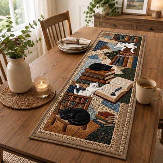Cozy Library Cats Quilted Table Runner, Book Lover Decor, Cat Reading Nook Table Linen, Cottagecore Dining Decor