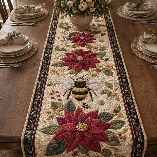 Poinsettia Bee Quilted Table Runner, Christmas Floral Holiday Decor, Winter Kitchen Scarf