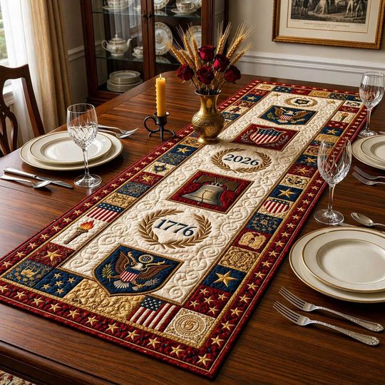 Patriotic Eagle Quilt Table Runner, United State 250th Anniversary Tablecloth, America 250 Years Home Decor, Independence Day Dining Decor