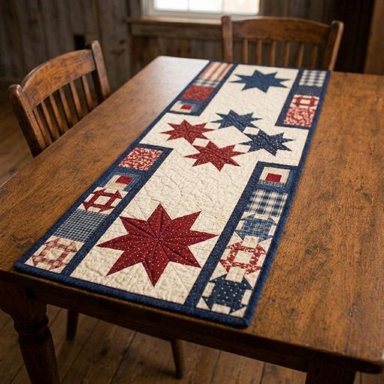 Large Star Quilted Table Runner, Patriotic Americana Decor, Red White and Blue Patchwork Centerpiece, 4th of July Table Linen