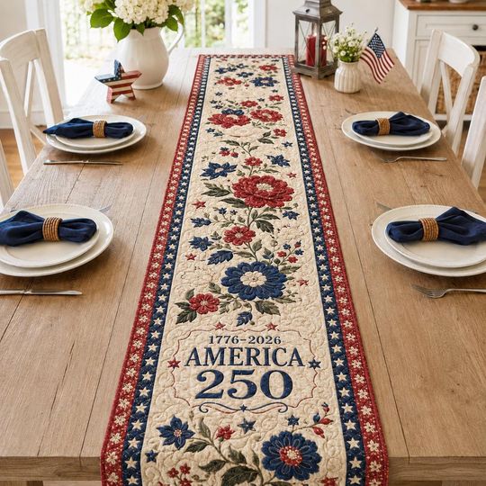 America 250 Floral Quilted Table Runner, 1776 2026 Patriotic Table Decor, Red White Blue Farmhouse Centerpiece, July 4th Gift