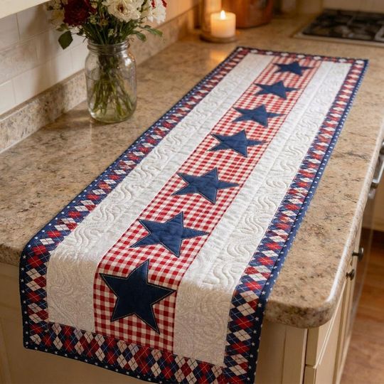 Embroidered Eagle American Flag Table Runner - Patriotic Home Decor - USA Quilted Table Cloth