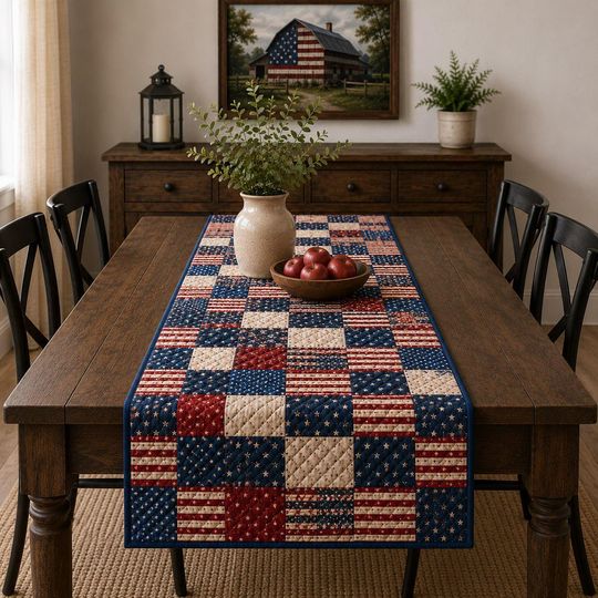 Patriotic Patchwork Table Runner, American Flag Quilted Table Decor, Rustic USA Farmhouse Dining Runner for Holiday Home