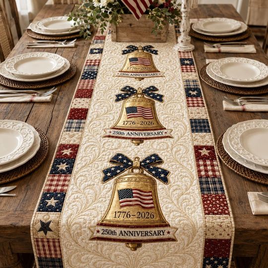 Quilted Table Runner, Patriotic Liberty Bell Americana Decor, Independence Day Accent