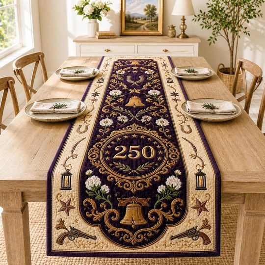Vintage Patriotic 250 Anniversary Quilted Table Runner, Farmhouse Rustic Decor, Purple Gold Dining Table Cover, USA Heritage Style
