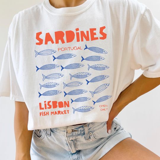 Portugal Sardines T-Shirt with Mediterranean Summer Fish and Coastal Style Design