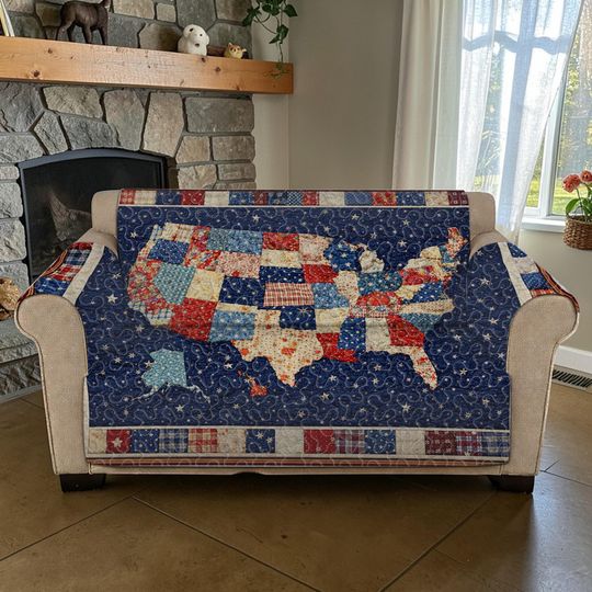 USA Map Patchwork Quilted Sofa Cover, American State Pattern Couch Throw, Luxury Patriotic Furniture Protector, Stars Navy Sofa Seat Cover