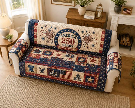 Patriotic Quilted Sofa Cover Americana Couch Protector, USA Patchwork Furniture Cover, Independence Day Home Decor