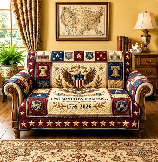 America 250 Years Of Freedom Quilted Sofa Cover, USA 250th Anniversary Couch Protector, Patriotic Furniture Cover, American Flag Slipcover