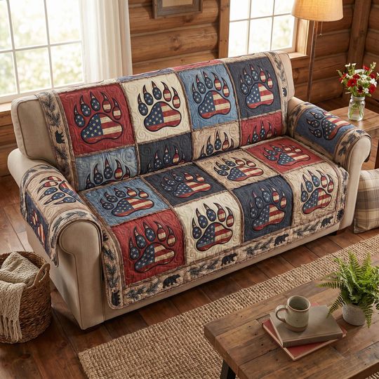 American Flag Bear Paw Sofa Cover, Rustic Cabin Couch Protector, Patriotic Woodland Furniture Throw, Quilted Style Lodge Sofa Cover
