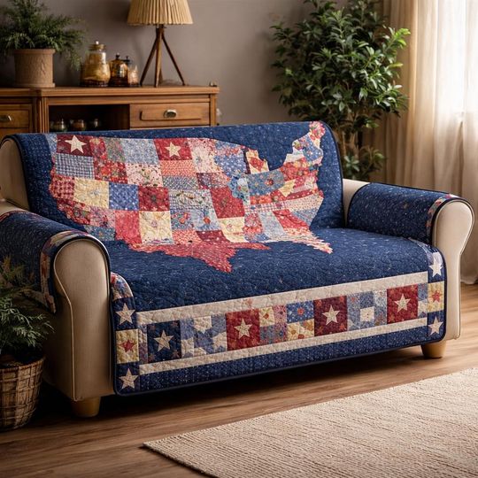 USA Map Quilt Sofa Cover, Patriotic Patchwork Couch Protector,Americana Stars and Stripes Sofa Slipcover, Rustic Farmhouse Living Room Decor