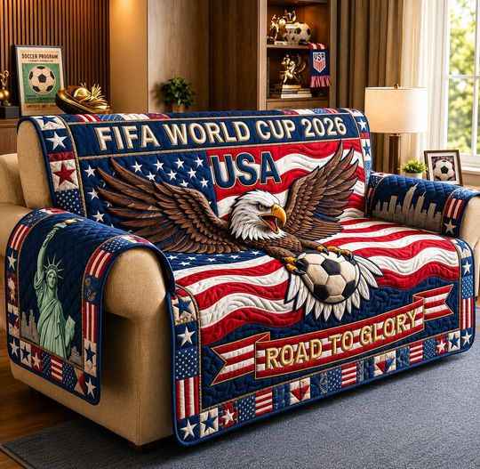 2026 World Championship Cup Quilted Sofa Cover, USA Soccer Road To Glory Couch Protector, Soccer Style Living Room, Soccer Lover Slipcover