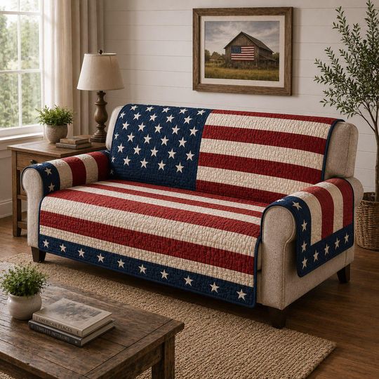 American Flag Quilted Sofa Cover, Patriotic Couch Protector, USA Style Slipcover, Rustic Farmhouse Furniture Throw