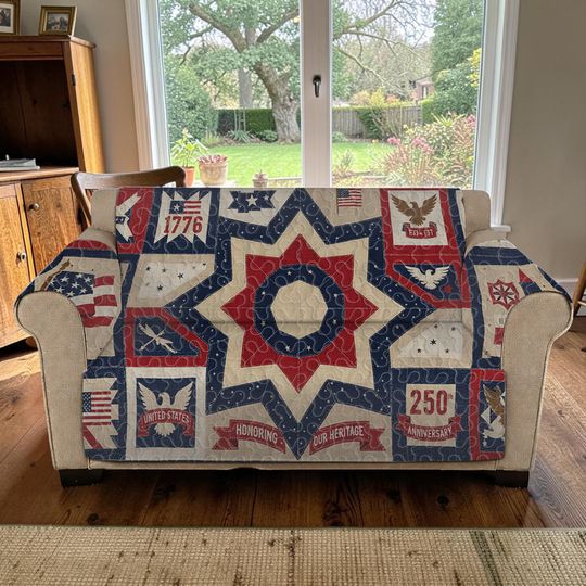 250th Anniversary Patriotic Quilted Sofa Cover, Luxury Star Heritage Furniture Protector, Custom United States Couch Throw, Americana Decor