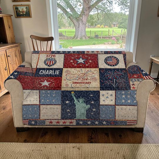 Personalized Name Patriotic Quilted Sofa Cover, Luxury Liberty Anniversary Furniture Protector, Custom American Flag Couch Throw, Red Blue