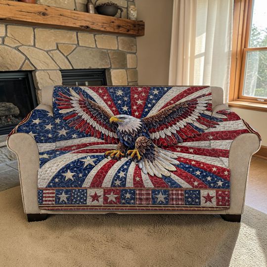 Majestic Bald Eagle Quilted Sofa Cover, American Flag Star Couch Throw, Luxury Patriotic Furniture Protector, Bold Liberty Sofa Seat Cover