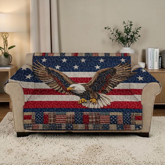 American Flag Eagle Quilted Sofa Cover, Patriotic Bald Eagle Couch Throw, USA Flag Furniture Protector, Luxury Sofa Cover Seat Protector