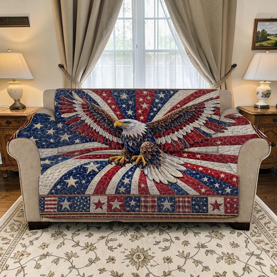 Patriotic Soaring Eagle Quilted Sofa Cover, Freedom Starburst Furniture Protector, Military Family Gift, Vibrant Luxury Sofa Seat Cover