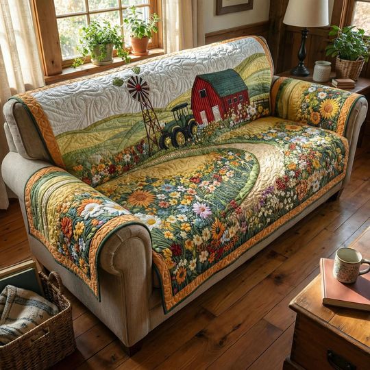 Rustic Farm Meadow Quilted Sofa Cover and Pillow Cover Set, Sunflower Barn Couch Protector, Country Living Room Decor