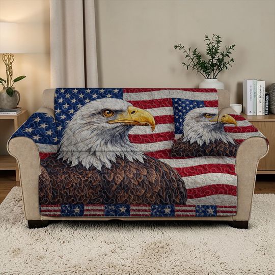 Patriotic Bald Eagle Quilted Sofa Cover, American Flag Furniture Protector, Luxury Sofa Cover, Custom Sofa Seat Cover, USA Wildlife Decor