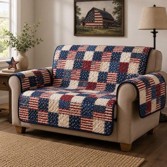 Patchwork American Flag Sofa Cover, Quilted Patriotic Couch Protector, USA Farmhouse Slipcover, Rustic Furniture Throw