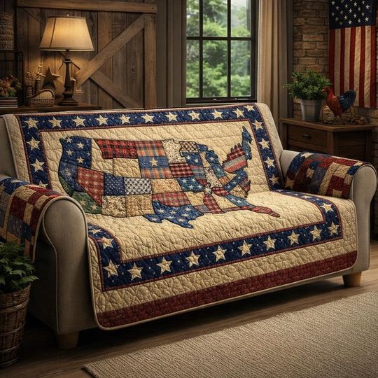 Vintage USA Map Sofa Cover Quilt, Patriotic Americana Couch Protector, Rustic Stars and Stripes Furniture Throw, Farmhouse Living Room Decor