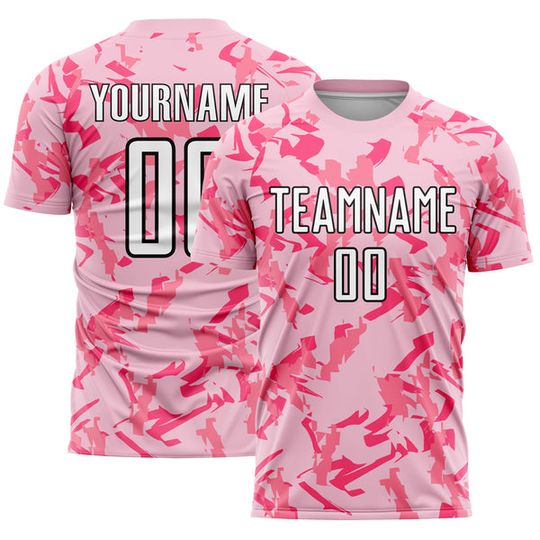 Custom Light Pink and Black Geometric Soccer Jersey Set