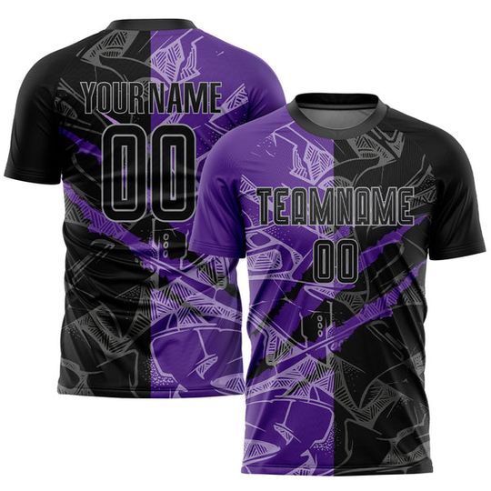 Custom Graffiti Pattern Football Jersey Set Black Purple Gray Sublimation Soccer Uniform
