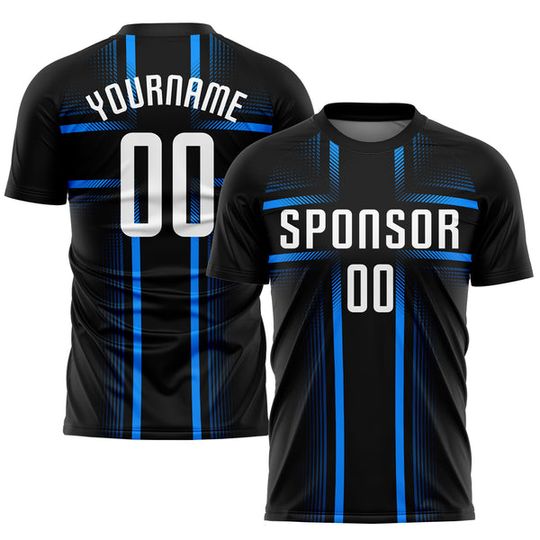 Custom Black White Light Blue Sublimation Soccer Jersey Set