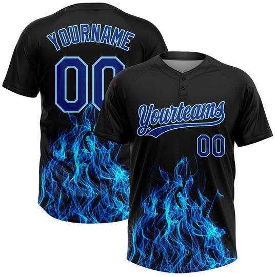 Custom Black Royal-Light Blue Flame 3D Pattern Unisex Softball Jersey