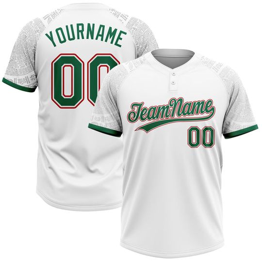 Custom White Kelly Green-Red Ethnic Aztec Unisex Softball Jersey