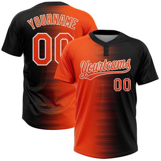 Custom Black Orange-White Gradient Horizontal Stripe Two-Button Unisex Softball Jersey