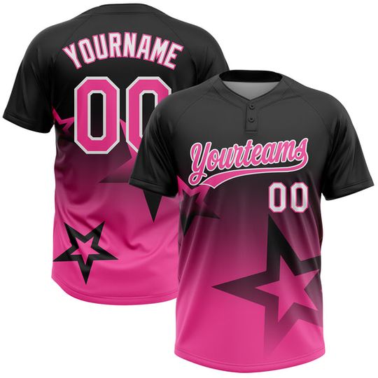 Custom Black Pink-White Gradient Style Twinkle Star Two-Button Unisex Softball Jersey