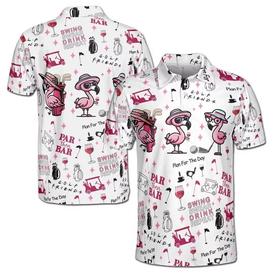 Flamingo Golf Polo Shirt, Funny Golf Friends Polo, Swing Swear Drink Repeat Polo, Pink Flamingo Golf Shirt, Gift for Golf Lovers