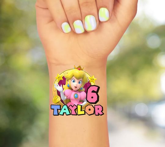 Custom Princess Peach Temporary Tattoos, Personalized Video Game Party Favors