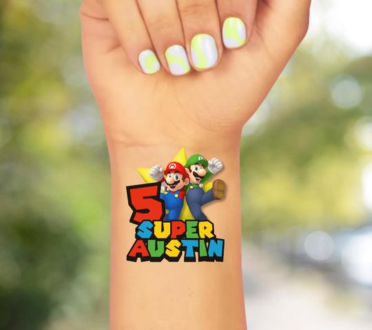 Custom Super Mario Brothers Temporary Tattoos, Personalized Video Game Party Favors