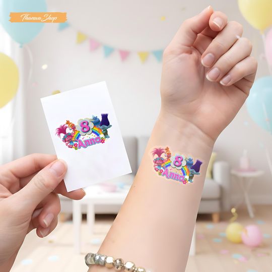 Personalized Trolls Tattoo Sticker, Custom Age and Name Temporary Tattoos for Birthday Celebrations