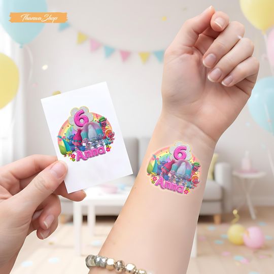 Personalized Trolls Birthday Tattoo, Custom Name Kids Party Temporary Tattoo Sticker