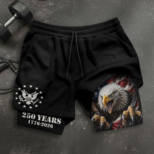 250 Years Gym Shorts for Men, American Flag Sport Shorts, Eagle Pattern Athletic Shorts, Patriotic Independence Day Workout Shorts