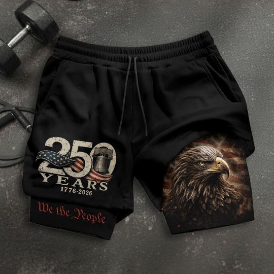 250 Years Gym Shorts for Men, American Flag & Eagle Design, Patriotic Sport Shorts, Independence Day Workout Shorts