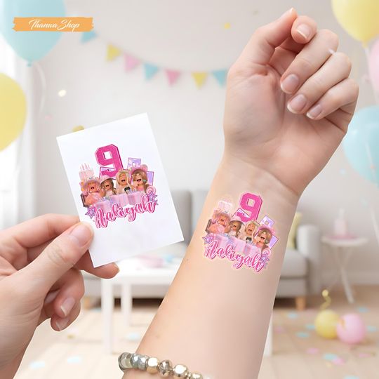 Personalized Video Game Pink Birthday Tattoo Sticker, Custom Kids Party Favor
