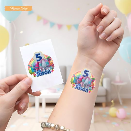Personalized Trolls Tattoo Sticker, Custom Birthday Skin-Safe Party Favor