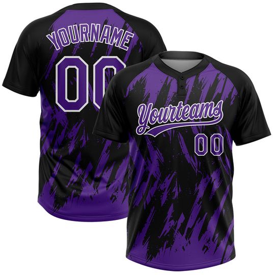 Custom Black Purple-White Splatter Torn Sharp Brush Stroke Two-Button Unisex Softball Jersey