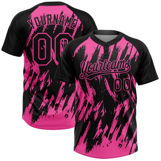 Custom Black Pink Splatter Torn Sharp Brush Stroke Two-Button Unisex Softball Jersey