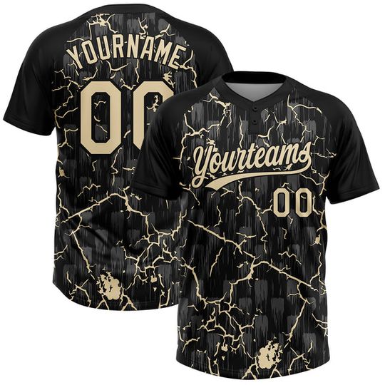 Custom Black Cream Cream-Gray Raglan Sleeves Neon Lightning Crackle Two-Button Unisex Softball Jersey